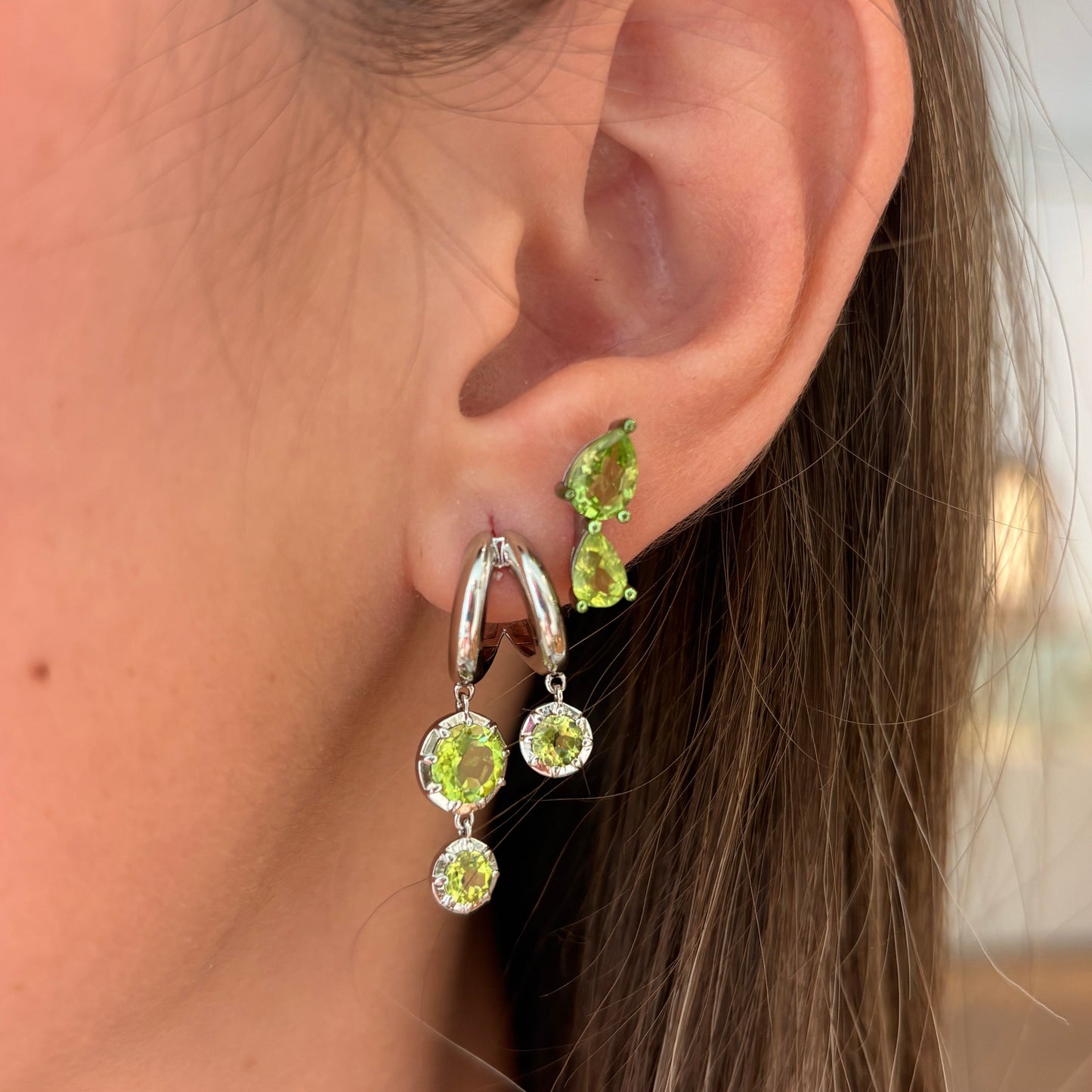 Lab Grown Peridot & Sterling Silver double Dangle Earrings