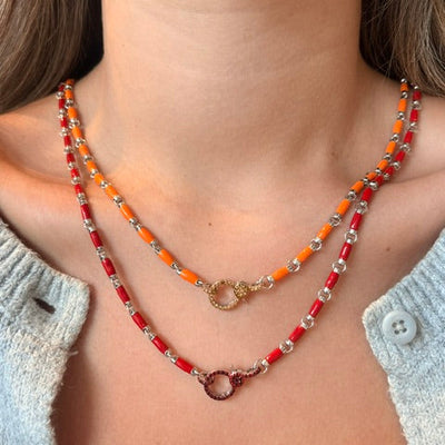 Garnet Lobster Claw Red Enamel & Sterling Silver Beaded Necklace