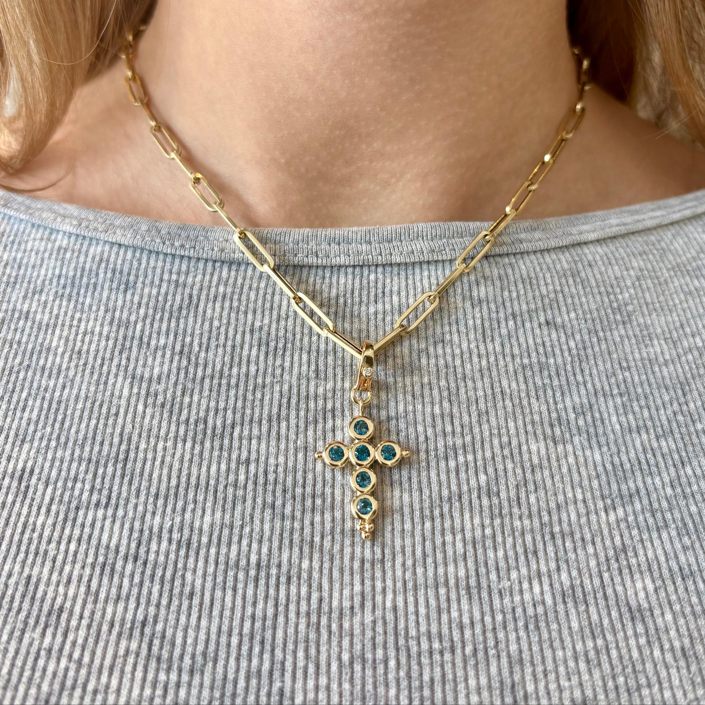 London Blue Topaz Bezel Gold Cross Pendant