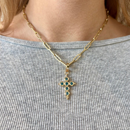London Blue Topaz Bezel Gold Cross Pendant