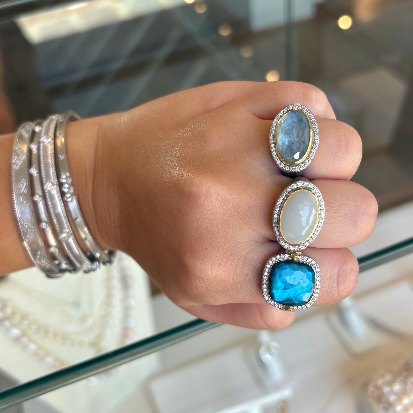 Mixed Metal Pave Halo East West Diamonds and White Moonstone Ring