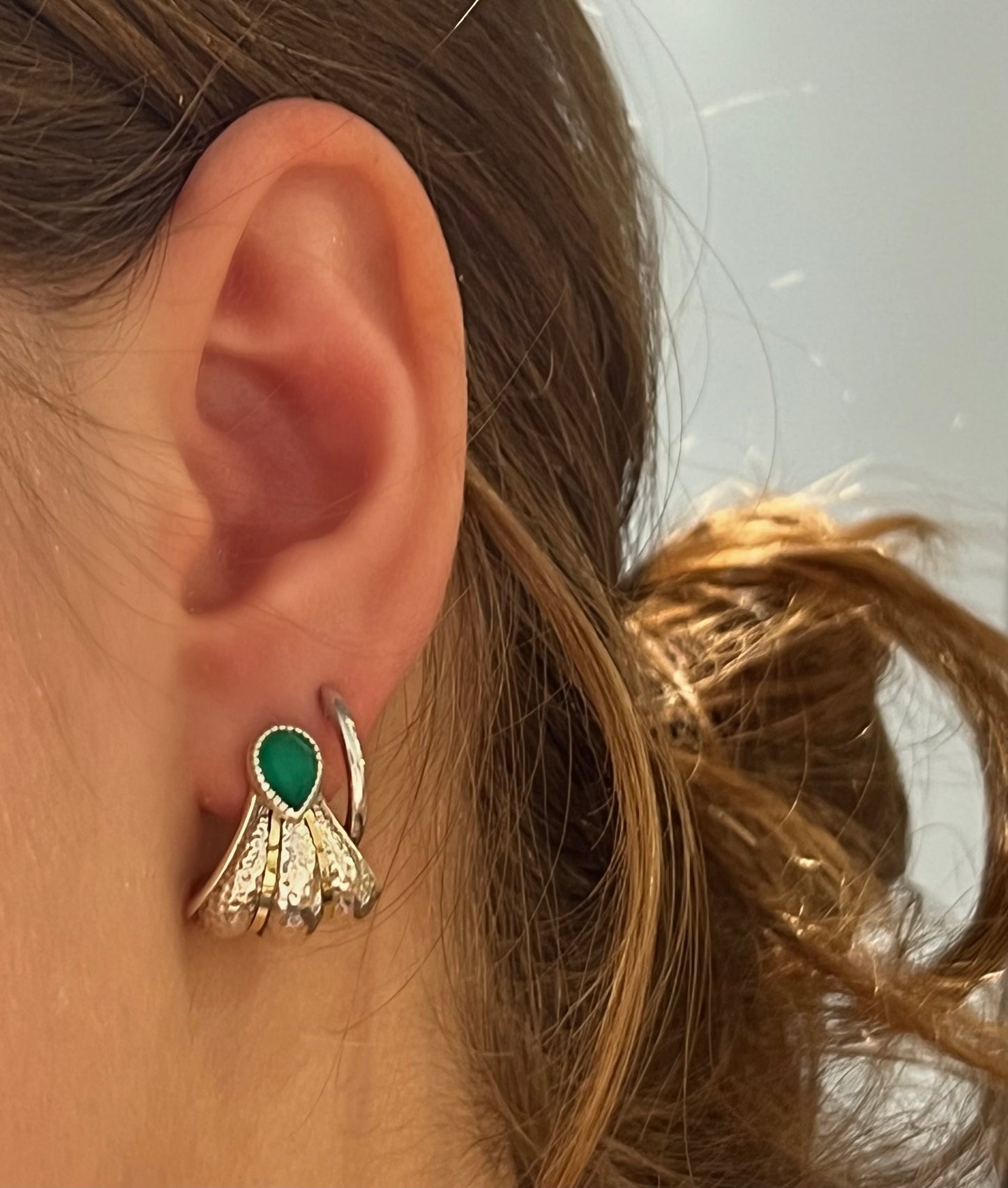 Green Agate Mixed Metal Fan Earrings