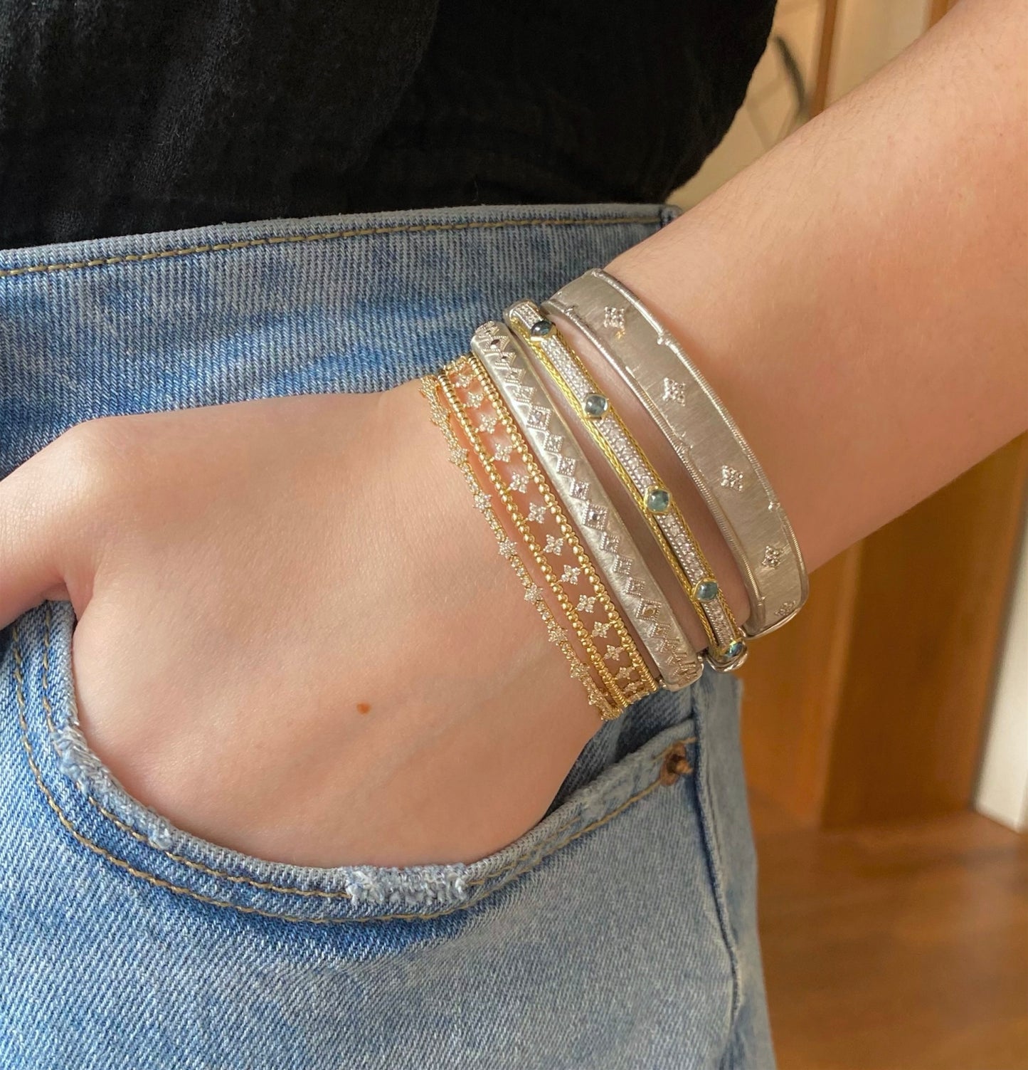 Mixed Metal Double Woven Rope Trim Stones and Diamond Bangle