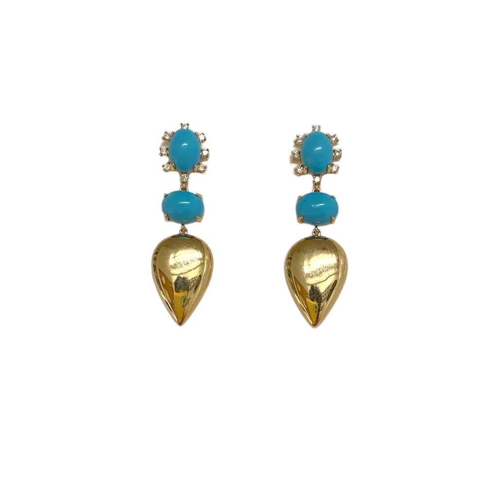 Turquoise and Diamond with Gold Disc Drop Earrings