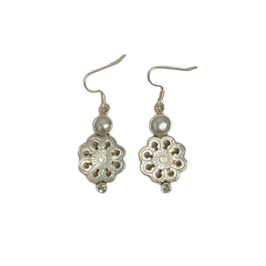 Mother of Pearl Flower & White Topaz Wire Earrings