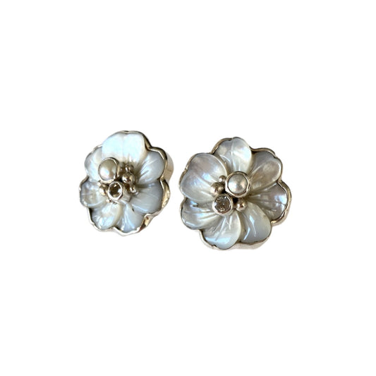 Mother of Pearl Flower & White Topaz Post Earrings