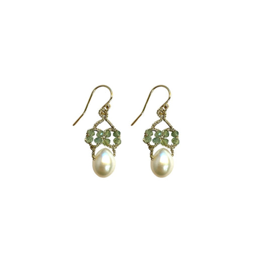 Green Apatite & White Pearl Wire Hook Earrings
