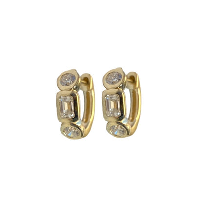 Alternating Round & Emerald Cut Diamond Huggie Earrings
