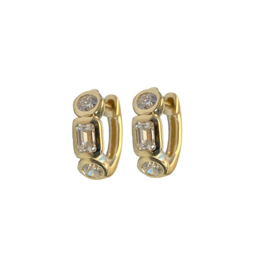 Alternating Round & Emerald Cut Diamond Huggie Earrings