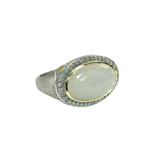 Mixed Metal Pave Halo East West Diamonds and White Moonstone Ring