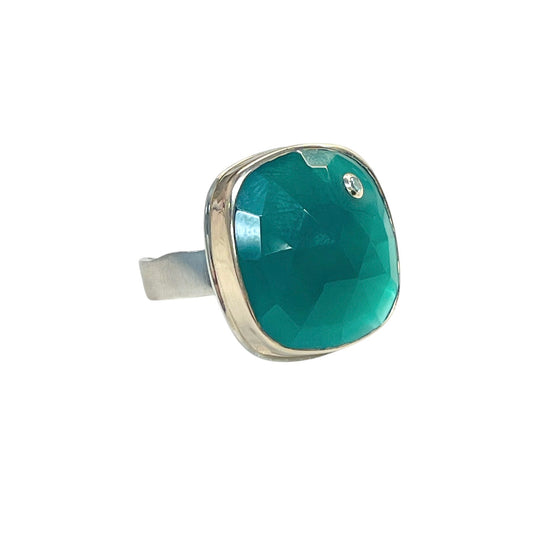 Green Onyx & Diamond Mixed Metal Ring
