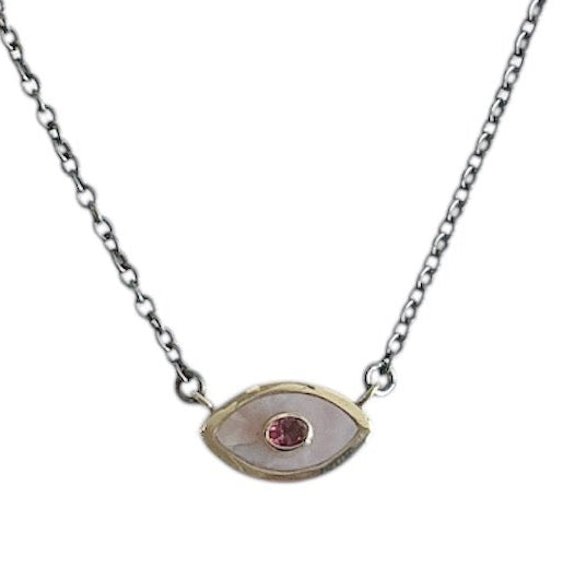 Pink Opal and Pink Tourmaline Mini Evil Eye Necklace