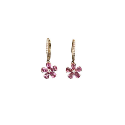 Pink Sapphire and Diamond Flower Huggie Earrings