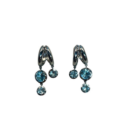 Silver Blue Topaz Double Dangle Huggie Earrings