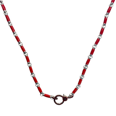 Garnet Lobster Claw Red Enamel & Sterling Silver Beaded Necklace