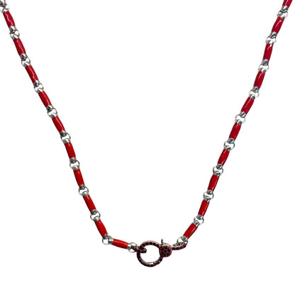 Garnet Sterling Silver Lobster Claw Red Enamel Beaded Necklace