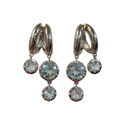 Silver Blue Topaz Double Dangle Huggie Earrings