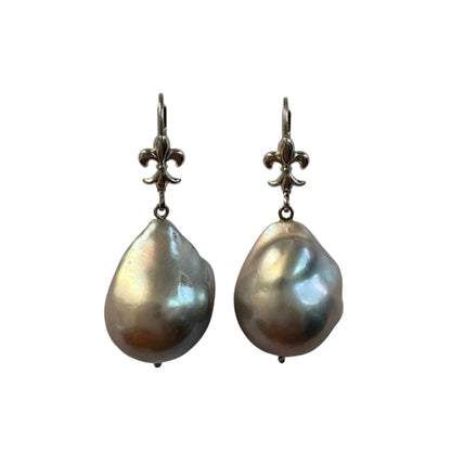 Fleur de Lis Baroque Peal Dangle Earrings