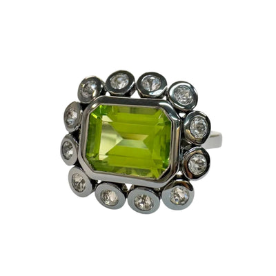 White Topaz & Peridot Silver Flower Ring