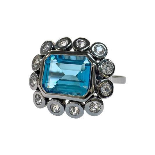White & Blue Topaz Silver Flower Ring