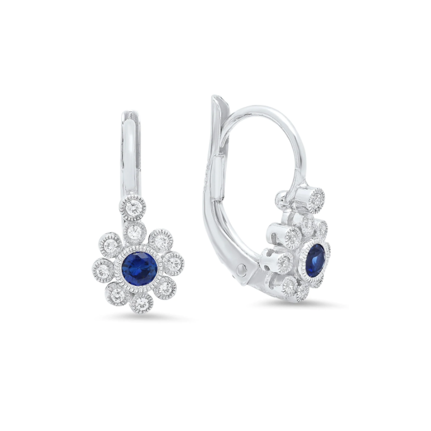 Diamond Flower with Sapphire Center Leverback Earring