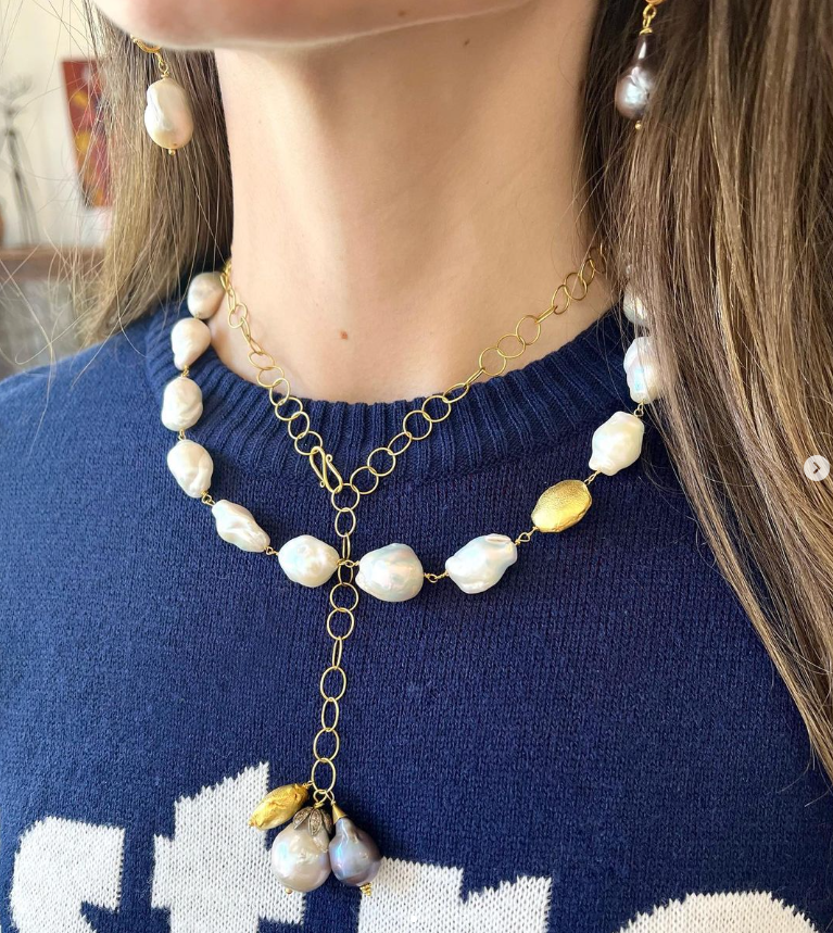 Pearl & Gold Nugget Pendants on Gold Link Necklace