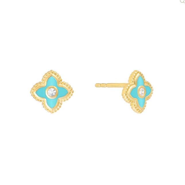 Blue Enamel Vermeil Flower Stud Earrings
