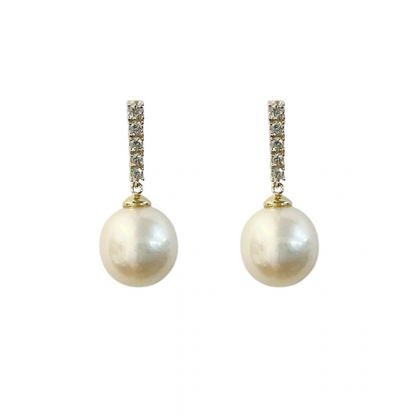 Graduated Diamond Bar and Pearl Dangle Earrings