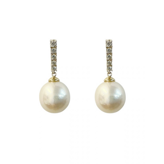 Graduated Diamond Bar and Pearl Dangle Earrings