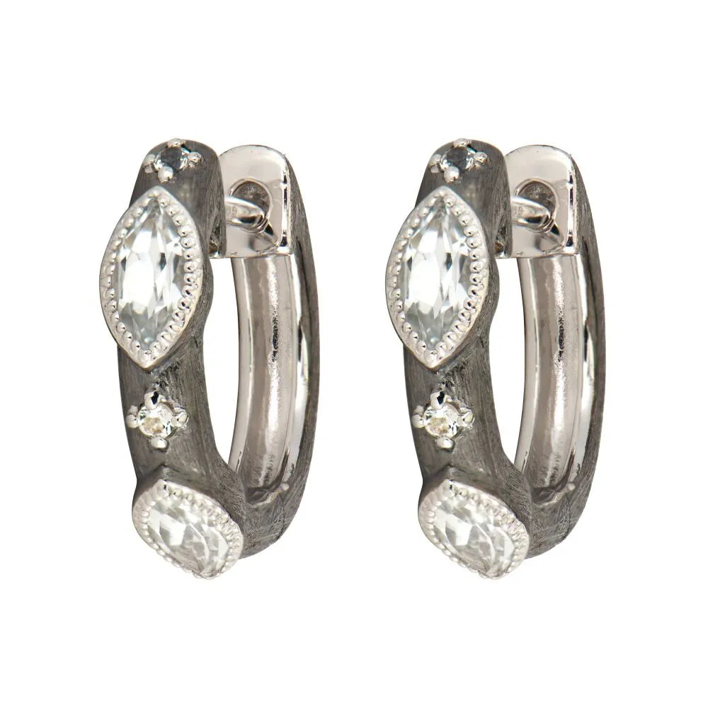 Blackened Silver White Topaz Huggie Earrings