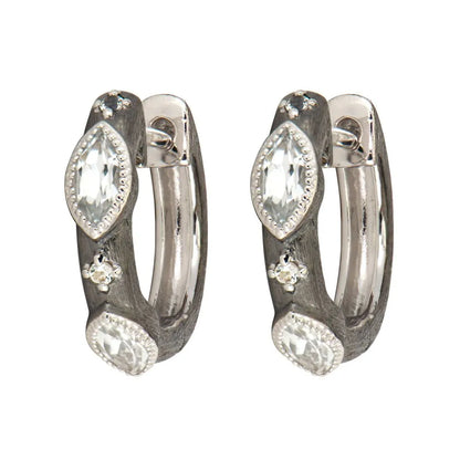 Blackened Silver White Topaz Huggie Earrings