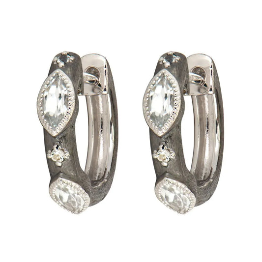 Blackened Silver White Topaz Huggie Earrings