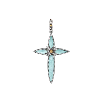 Sterling Silver Rock Crystal & Aquamarine Cross Pendant