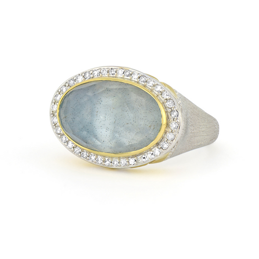 Mixed Metal Pave Halo East West Oval Labradorite Ring