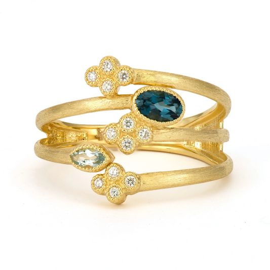 Provence Five Row Ring with Alternating White Diamonds & Blue Topaz