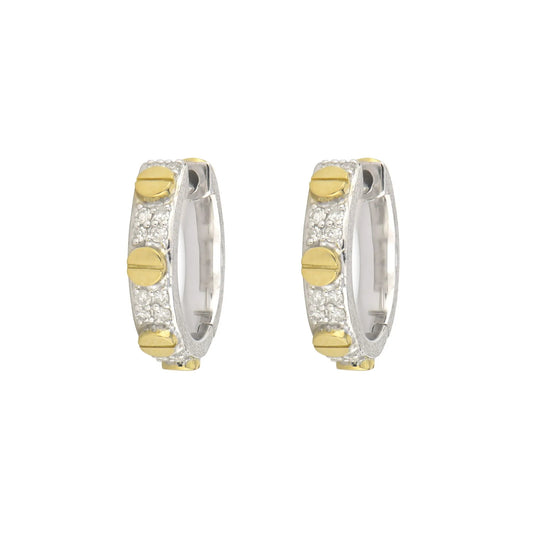 Small Mixed Metal Diamond Pave Nail Head Hoop Earrings