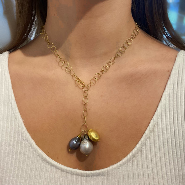 Pearl & Gold Nugget Pendants on Gold Link Necklace