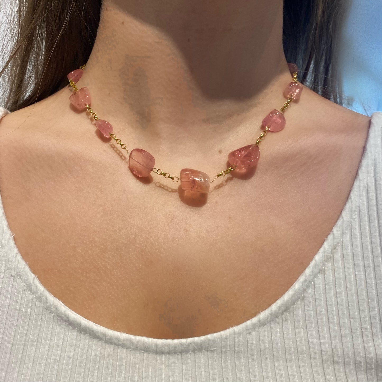 Pink Tourmaline on Gold Chain Necklace