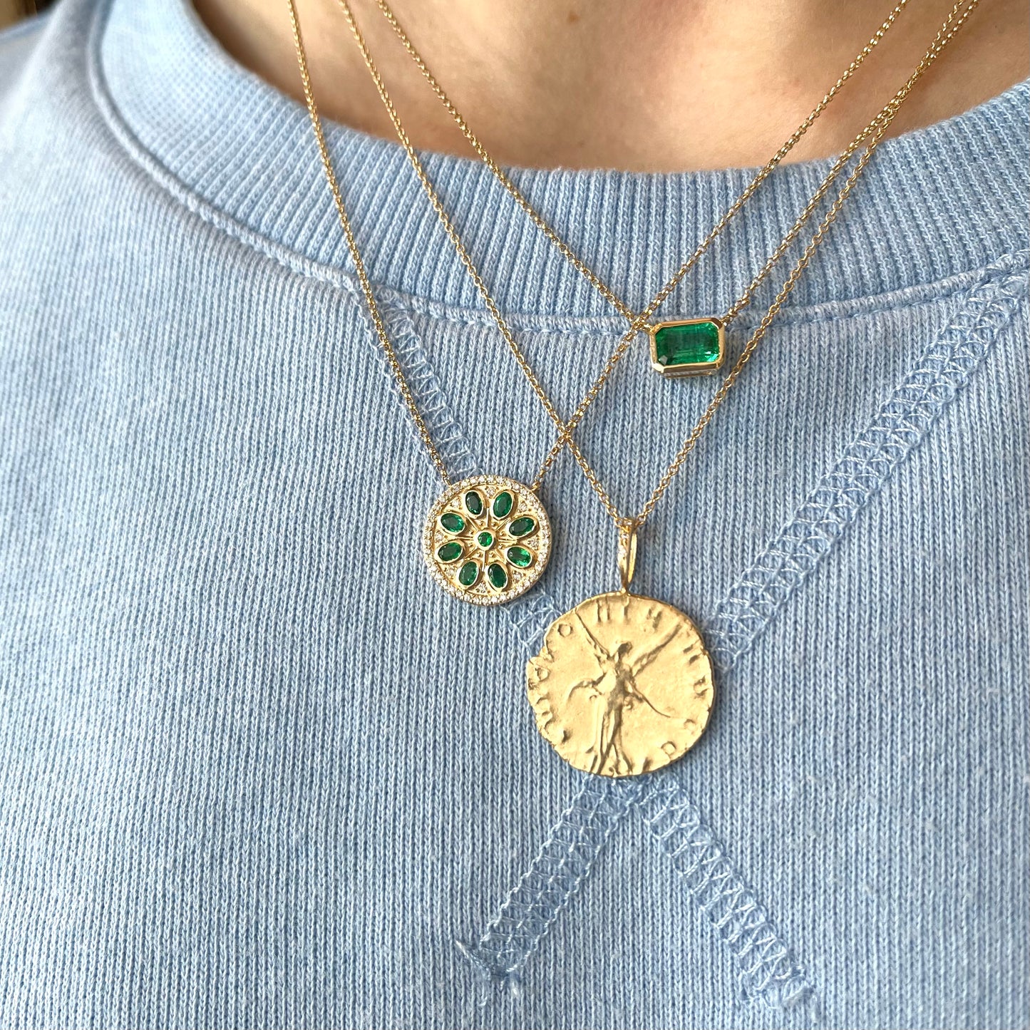Diamond & Emerald Flower Disc Necklace
