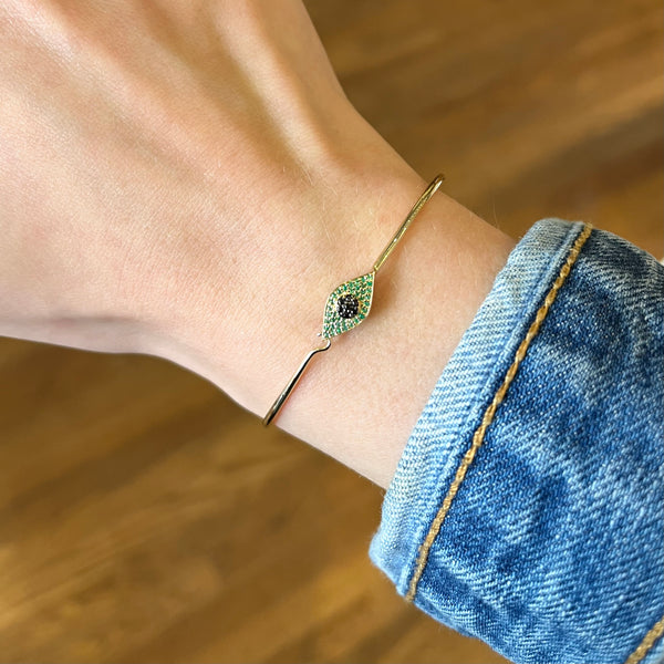 Emerald and Black Diamond Evil Eye Wire Bracelet
