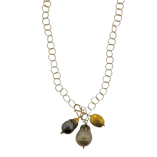 Pearl & Gold Nugget Pendants on Gold Link Necklace