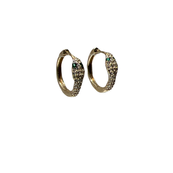 Pave Diamond Snake Huggie with Emerald Eyes Earrings