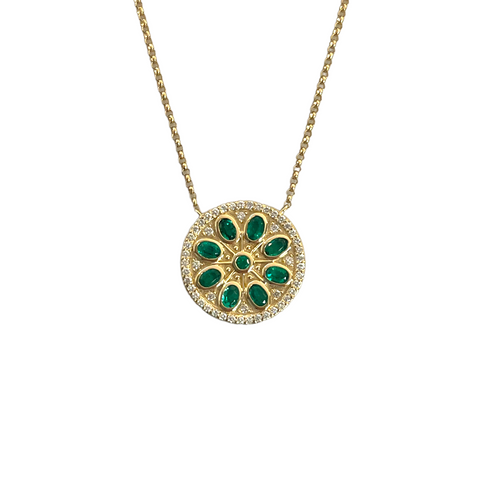 Diamond & Emerald Flower Disc Necklace