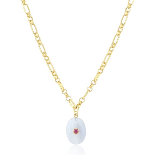 Blue Lace Agate With Pink Sapphire Oval Stone Necklace