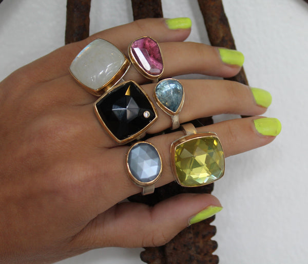 Sterling & Gold Faceted Grey Moonstone Ring